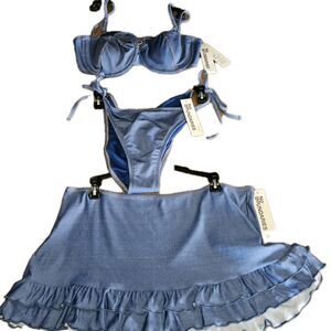 NEW Denim Blue 3-Pc Bikini Set XL 16/18 Underwire Top Cheeky Bottom Ruffle Skirt
